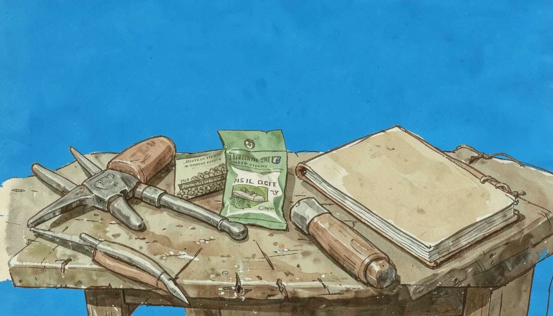 A matte gouache sketch of hand tools, seed packets, and a notebook on a weathered workbench, rendered in muted browns and greens.