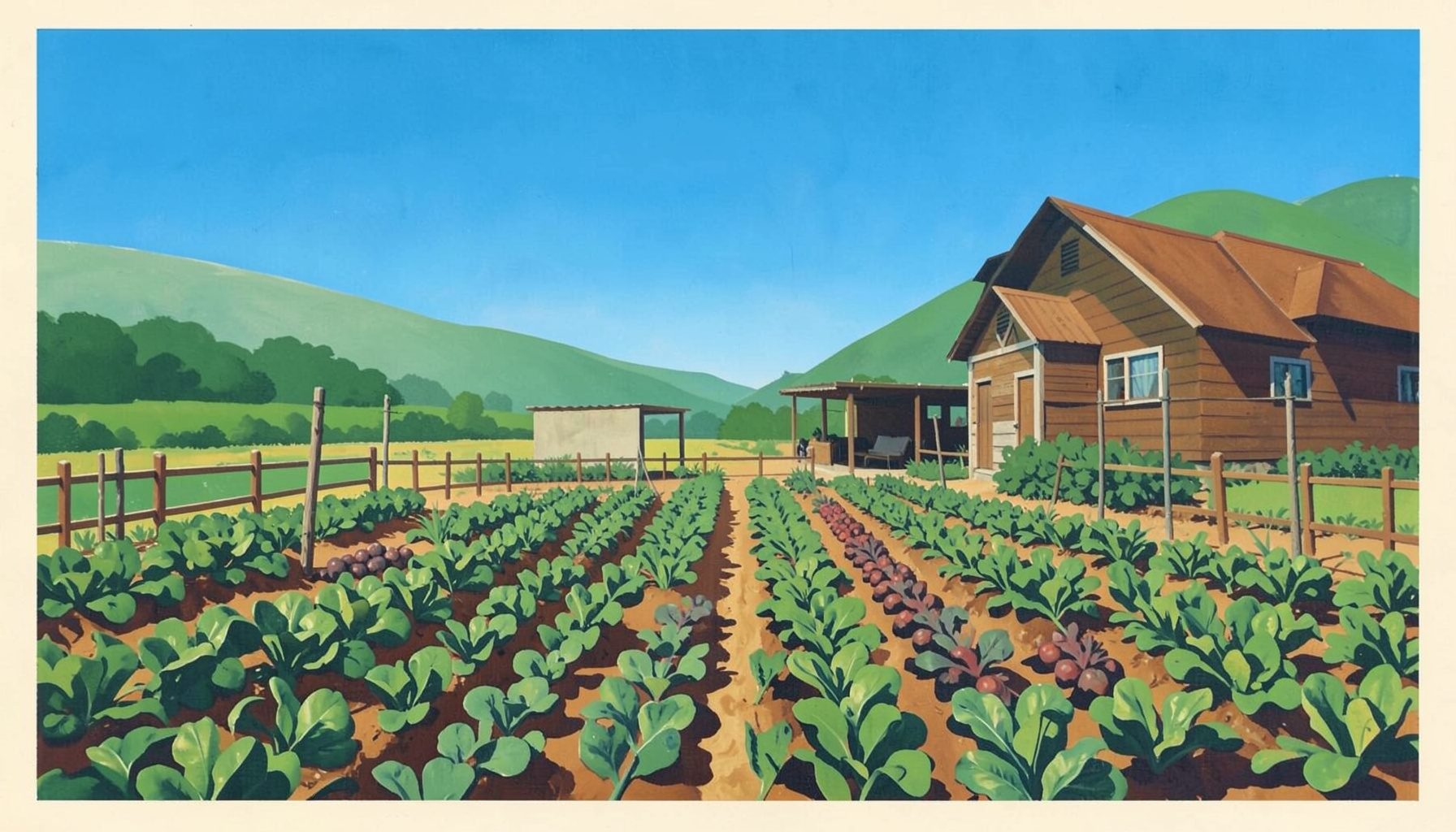 A matte gouache poster painting of a sunlit homestead garden with rows of vegetables, a wooden fence, and soft green hills in the distance under a warm blue sky.